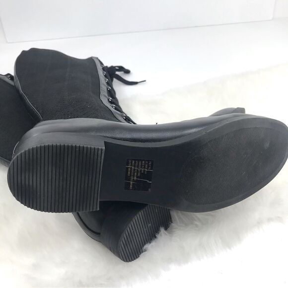Polly Black Caviar Herringbone Textile Knit Tall Lace Up Pull On Combat Boots - Picture 15 of 16